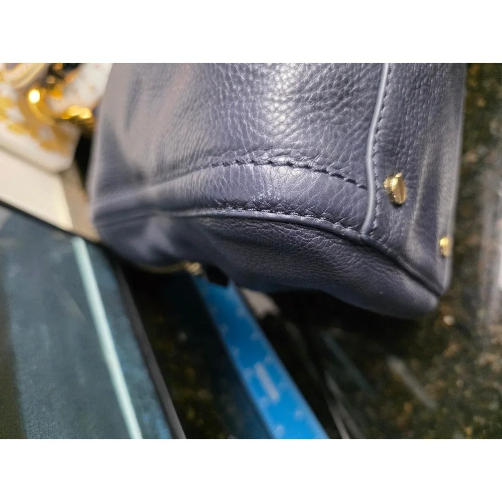 Tory Burch Link-Chain Shoulder Tote Bag Navy Blue Pebbled Leather Gold Large
